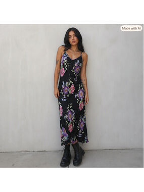 Y2K American Angel Black Floral Grunge Cami Maxi Dress Womens Large